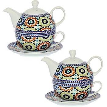 Supernova Decoracion_Set 2 Tazas con Tetera Y Plato Porcelana.Originales Dibujos y Colores