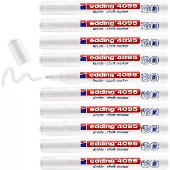 edding 4095 Marcador de Tiza, Blanco, 10 Rotuladores de Tiza, Punta Redonda 2-3 mm, Rotuladores para Cristal Borrables, para Pizarras, Vidrio y Espejos, Tiza Líquida de Cobertura Opaca