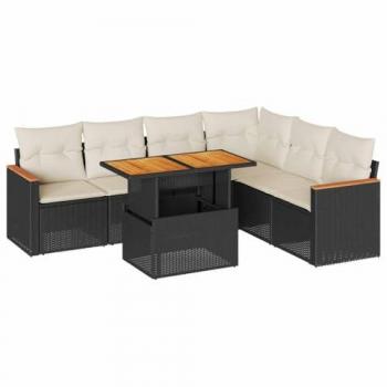 vidaXL 7 Piece Garden Sofa Set with Cushions Black Poly Rattan Acacia