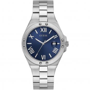 Reloj Guess Classic para hombre GW0276G1 con caja de acero inoxidable, correa de piel negra, esfera plateada, resistencia al agua hasta 50 metros, cristal mineral y mecanismo de cuarzo