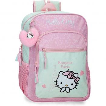 Mochila Escolar Hello Kitty Paris Turquesa 30x38x12cm con Bolsillos Frontales Fabricada en Poliéster Rosa