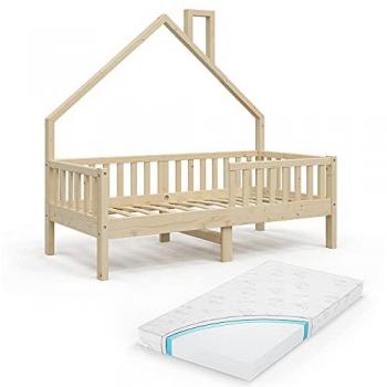 Cama en Forma de Casa Noemi, Madera Natural, 80x160 cm con Colchón Vitalispa