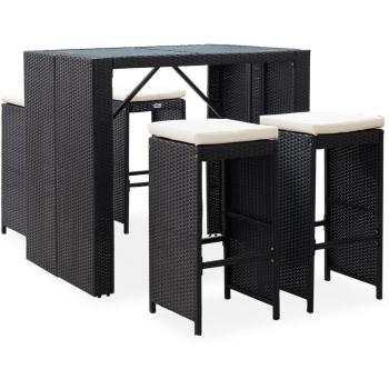 5-Piece Black Poly Rattan and Glass Garden Bar Set