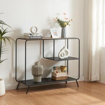 Mesa Consola Krødsherad con 2 Estantes de Metal y MDF - 83x102x36cm - Negro/Roble