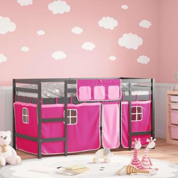 Cama alta con cortinas de pino macizo 90x190 cm Rosa infantil