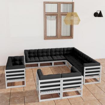 vidaXL Set de muebles de jardín 11 pzas con cojines blanco madera maciza pino