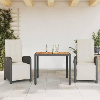 3-Piece Black Poly Rattan Bistro Set with Cushions
