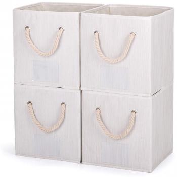 Umi. Essentials Cubos de almacenaje de tela con ventanilla para portaetiqueta, set de 4 cajas decorativas de almacenamiento con mangos de cuerda, beige