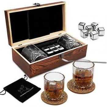 Juegos de Regalo de Whisky para Hombres, Juego de Vasos de Whisky con 6 Cubitos de Hielo Reutilizables de Acero Inoxidable, 2 Posavasos clásicos, Cuchara mezcladora, Bolsa de Terciopelo.
