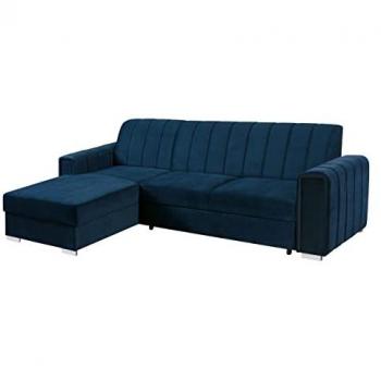 Sofá rinconero Columbus 166, azul, con función de descanso y caja de ropa de cama, 260 x 86 x 183 cm