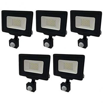 Conjunto de 5 proyectores LED negros de 20W (100W) con detector IP65, 1600lm, luz blanca del día 6000K