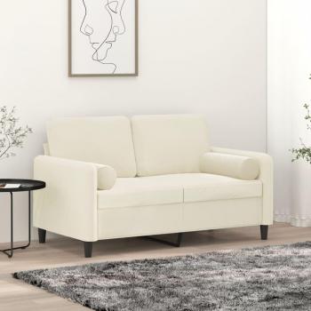Sofá de 2 plazas en terciopelo color crema con almohadas, dimensiones 120 cm