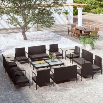 16-Piece Black Poly Rattan Garden Lounge Set with Cushions