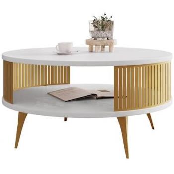 Mesa de centro redonda Oswego 119, dorado y blanco, 44cm de altura, 75cm de diámetro, aglomerado laminado
