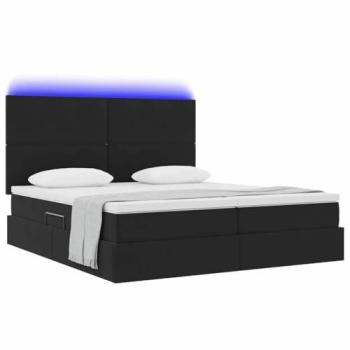 Cama Moderna de Terciopelo Negro 200 x 200 cm con Tiras LED y Cabecera, Diseño Elevable, Ahorra Espacio, Incluye Colchón Elegante de Felpa y USB