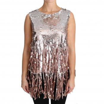 Dolce & Gabbana Golden Pink Sequined Fringe Tank Top - IT48|XXL, Sleeveless, Female, Gray, Size: XL