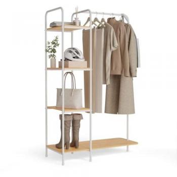 Perchero Burro Metálico Newlux Hangy Wood 400 con Zapatero, Resistente hasta 35kg, 4 Estantes Blanco