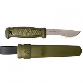 Morakniv Kansbol Cuchillo de Caza con Hoja Recta de Acero Sandvik 12C27 y Mango de Caucho-TPE en Color Verde, Incluye Funda de Polímero