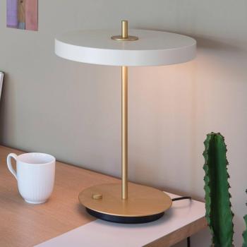 Lámpara de mesa LED Asteria con regulador de intensidad y USB, 41,5 cm, blanco perla/latón