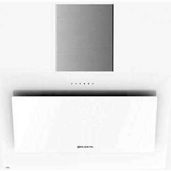 EAS ELECTRIC SMART TECHNOLOGY | EMRH908VRT-W | Campana extractora | Campana de pared inclinada | Anchura de 90 cm | Color Inox y cristal blanco | Táctil | 4 niveles | LED | Filtro 5 capas lavable