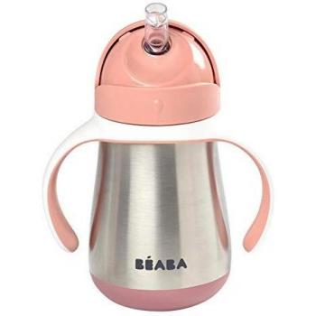 Taza de acero inoxidable con pajita 250ml, color rosa antiguo, anti-fugas y apta para bebés a partir de 8 meses