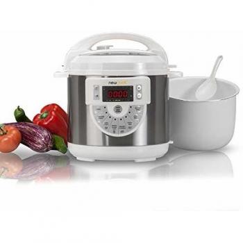 NEWCOOK Olla Programable Newcook Delicious Blanca, Olla a Presión Multifunción Eléctrica con Voz, 15 Funciones, 1000W,6 l, 4 Niv. Presión,Cubeta con recubrimiento cerámico. Accesorio para Freír