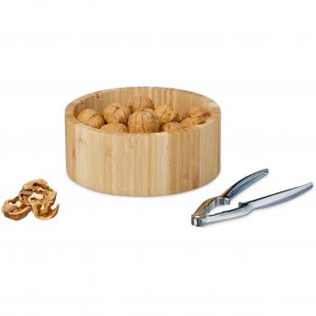 Relaxdays – Cuenco para frutos secos con cascanueces, pinzas, redonda, bambú, 2 piezas, H x B x T: aprox. 6,5 x 16,5 x 16,5 cm, natural