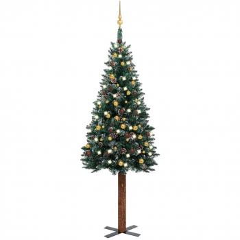 Árbol de Navidad artificial delgado con LEDs y bolas verde 210 cm