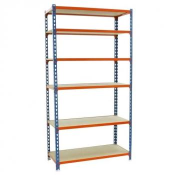 Estantería metálica SimonRack de almacenaje de acero, 2500x800x300 mm, 6 balas de madera, soporta 150 kg de punto de flexión por balda, colores azul/naranja/madera