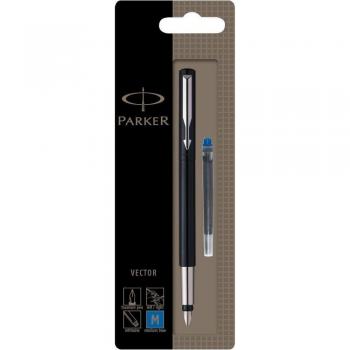 Pluma Estilográfica Parker Vector Negra, Punta Media, Tinta Azul, Con Acabado en Cromo