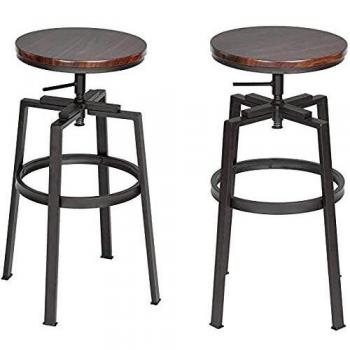 Juego de 2 taburetes industriales de Madera de Metal, Altura Ajustable de Madera de Metal, diseño Bistro Pub Silla con reposapiés, Base de Hierro, giratoria a 360, Nogal, 46,5 x 46,5 x 66,5-74 cm