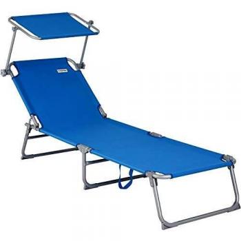 Tumbona Hawaii Azul Aluminio con Canopy, Plegable, Respaldo Ajustable, Parasol, Capacidad hasta 150 Kg, Dimensiones 195x60x30 cm, Resistente a la Intemperie
