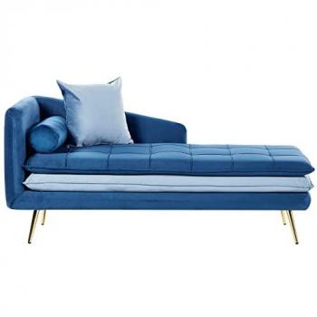 Chaise Lounge de Terciopelo Azul Marino Acolchado Abotonado con Cojines y Patas Doradas Izquierda Gonesse
