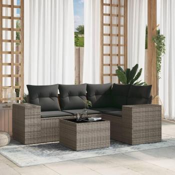5-Piece Grey Poly Rattan Garden Sofa Set with Cushions