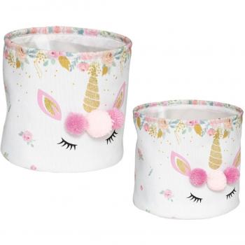 Set de 2 cestas de almacenamiento infantiles con diseño de unicornio y pompones - D 30 x H 26 cm