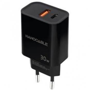 Cargador de Pared Nanocable USB-C/PD + USB-A/QC 30W, Doble Puerto, Carga Rápida, Color Negro