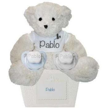 Pack de 2 chupetes personalizados y oso de peluche azul - Canastilla personalizada Bebé de París con 2 chupetes personalizables (0-6 meses, tetina de silicona libre de BPA) y oso de peluche