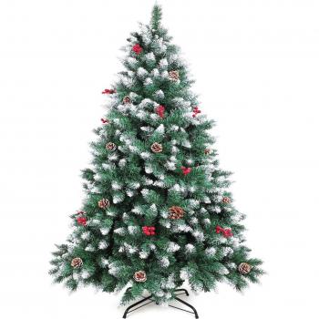 ?rbol de Navidad Artificial Pino Nevado con Conos de Pino Decorados y Bayas Rojas
