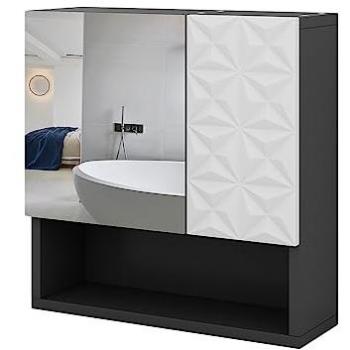 Armario Espejo para Baño Edge, Negro y Blanco, 54 x 55 cm con Puerta y Compartimentos Abiertos