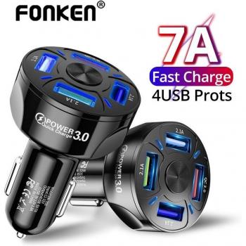 Cargador de coche FONKEN 4 Puertos USB 48W Rápido 7A Mini Carga Rápida para iPhone y Android Adaptador de Teléfono Móvil en Auto