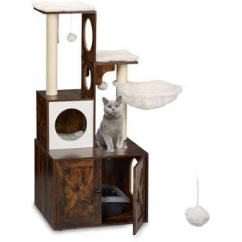 Mueble para Gatos Relaxdays con Rascador y Armario para Arenero, 128x95x52 cm, Torre de Sisal, Marrón y Blanco