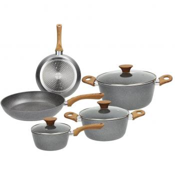 Tognana V779128MGRW Batería 8 piezas Mango de madera gris marmolada antiadherente, Línea de piedra y madera