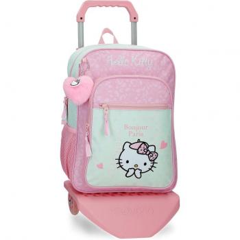 Mochila Escolar Hello Kitty Paris con Carro Turquesa y Rosa - 30x38x12cm
