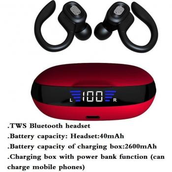 Auriculares TWS Bluetooth Deportivos con Micrófono, Gancho para la Oreja, Pantalla LED y Estéreo HiFi Impermeables