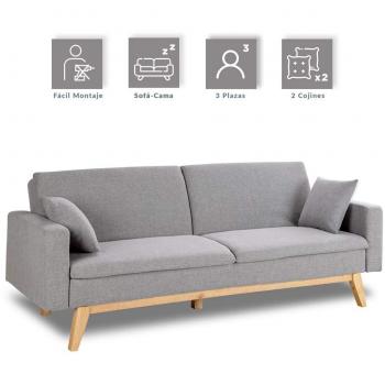 Don Descanso, Sofá Cama 3 plazas Reine, Tapizado en Tela, Color Gris Claro, Sistema Apertura de Libro o Clic-clac, Medida sofá: 206x74x83 cm, Medida Cama: 206x99x83 cm, Incluye 2 Cojines
