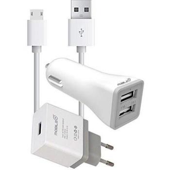 MOBILE+ Cargador y Adaptador Coche para Smartphone 2 en 1: Casa y Coche, Incluye Cable USB de 1 Metro MB-1002