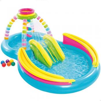Centro de Juegos Hinchable Intex Arco Iris 2 en 1 con Piscina 168L+206L, para Niños +2 Años, Tobogán, Difusor de Agua y J