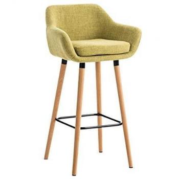 Taburete Alto Grant Tapizado en Tela Verde Claro con Respaldo y Reposapiés, Estructura de Madera de Haya