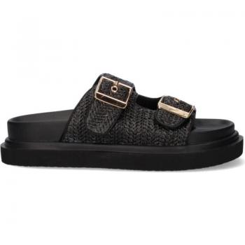 Sandalia Exé para mujer en color negro con doble hebilla de rafia