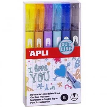 APLI 18931 - Pack de 6 rotuladores Out Line de doble línea - Interior metalizado y borde de color del rotulador